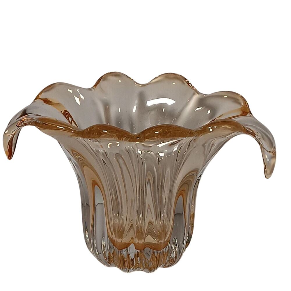 Vintage Waterfall Tulip Glass Vase Ribbed Amber Art  Drip Container 6"H